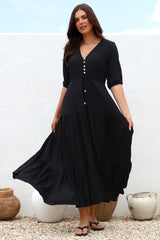 Rachel Maxi Dress - V-Neck 3/4 Sleeve Pull Tie Waist Tiered Dress in Black