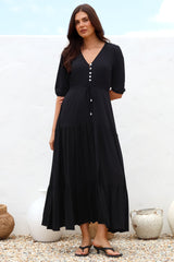 Rachel Maxi Dress - V-Neck 3/4 Sleeve Pull Tie Waist Tiered Dress in Black