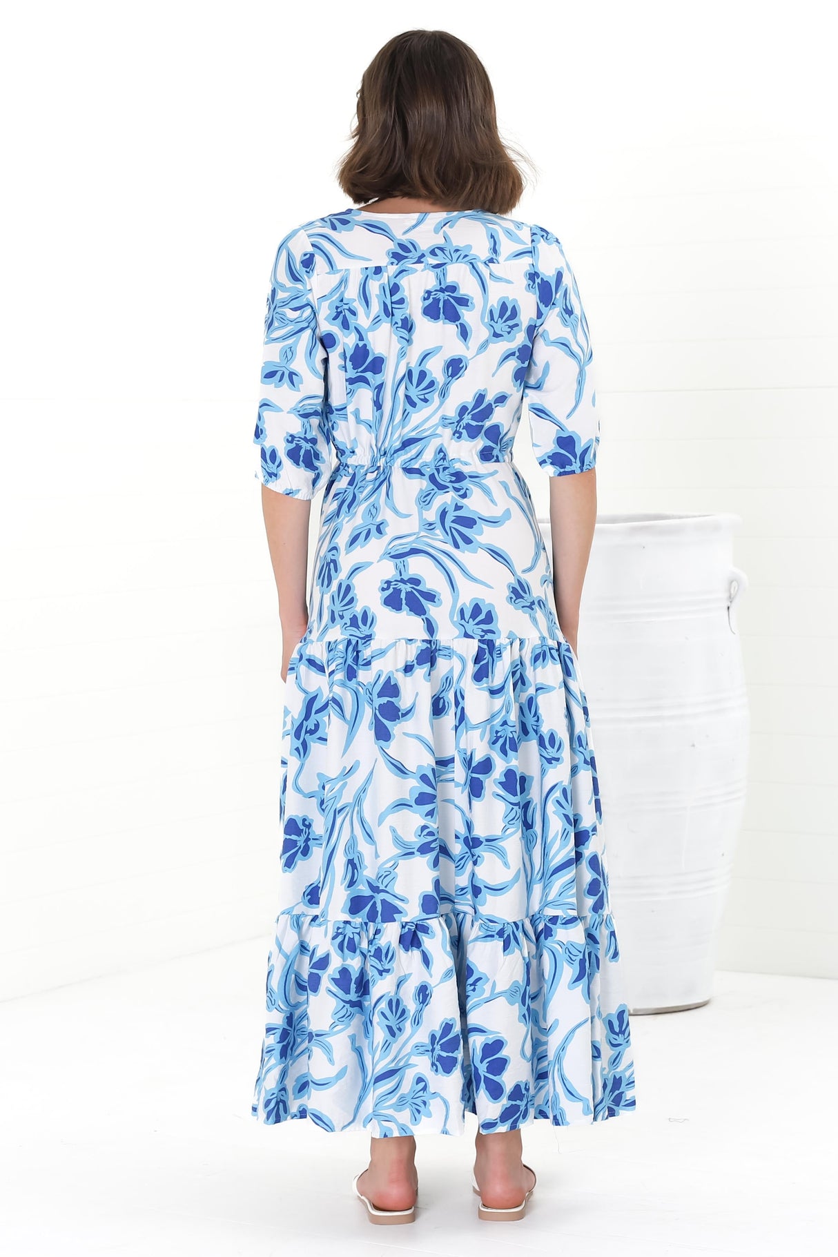 Rachel Maxi Dress - V-Neck 3/4 Sleeve Pull Tie Waist Tiered Dress in Braley Print Blue