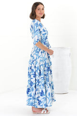 Rachel Maxi Dress - V-Neck 3/4 Sleeve Pull Tie Waist Tiered Dress in Braley Print Blue