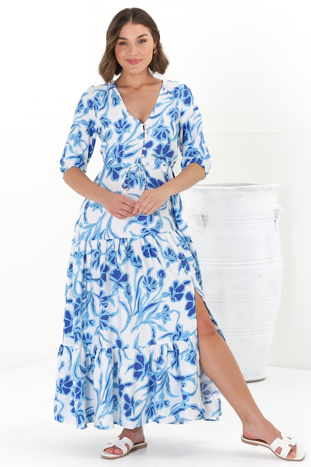 Rachel Maxi Dress - V-Neck 3/4 Sleeve Pull Tie Waist Tiered Dress in Braley Print Blue