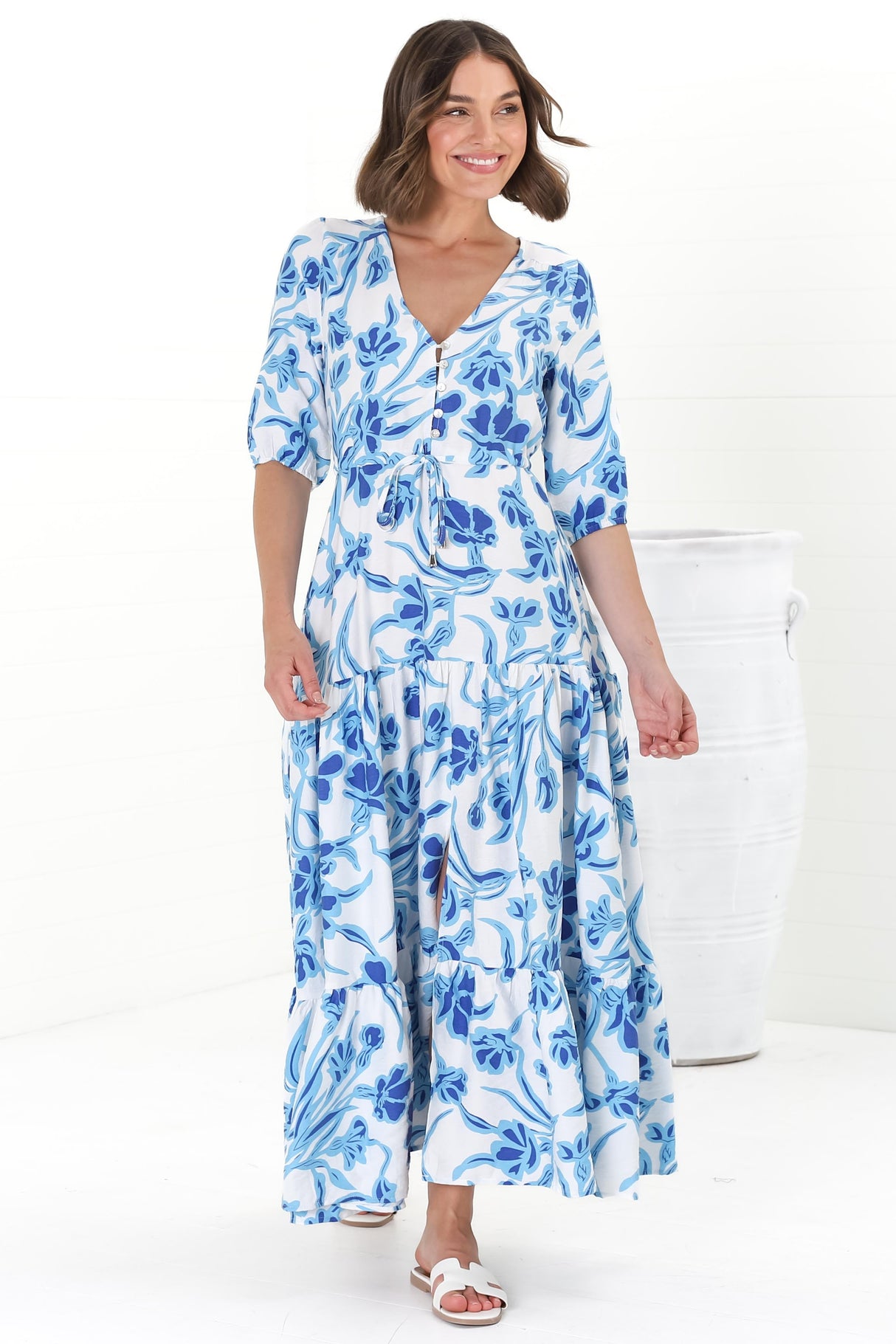 Rachel Maxi Dress - V-Neck 3/4 Sleeve Pull Tie Waist Tiered Dress in Braley Print Blue