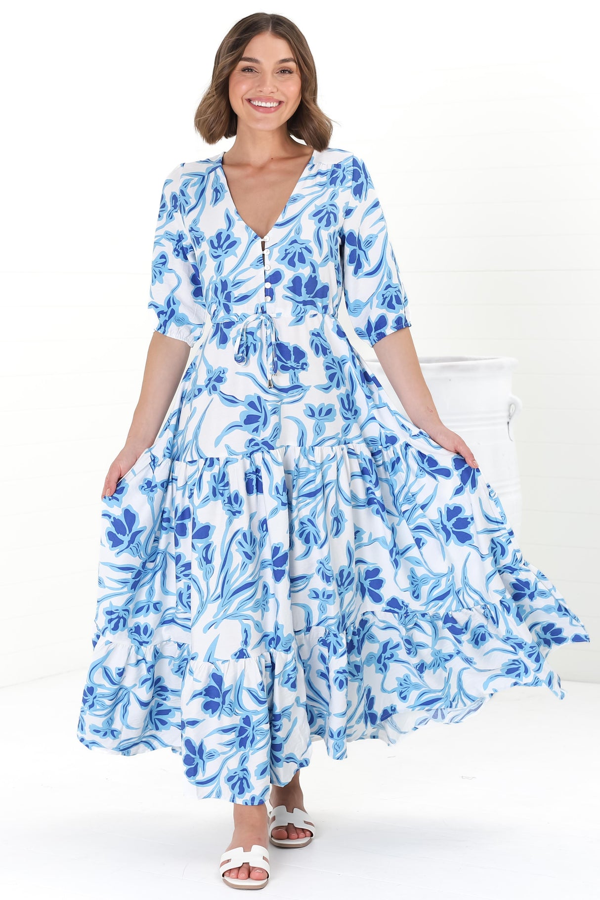 Rachel Maxi Dress - V-Neck 3/4 Sleeve Pull Tie Waist Tiered Dress in Braley Print Blue