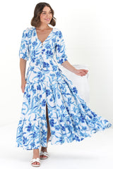 Rachel Maxi Dress - V-Neck 3/4 Sleeve Pull Tie Waist Tiered Dress in Braley Print Blue