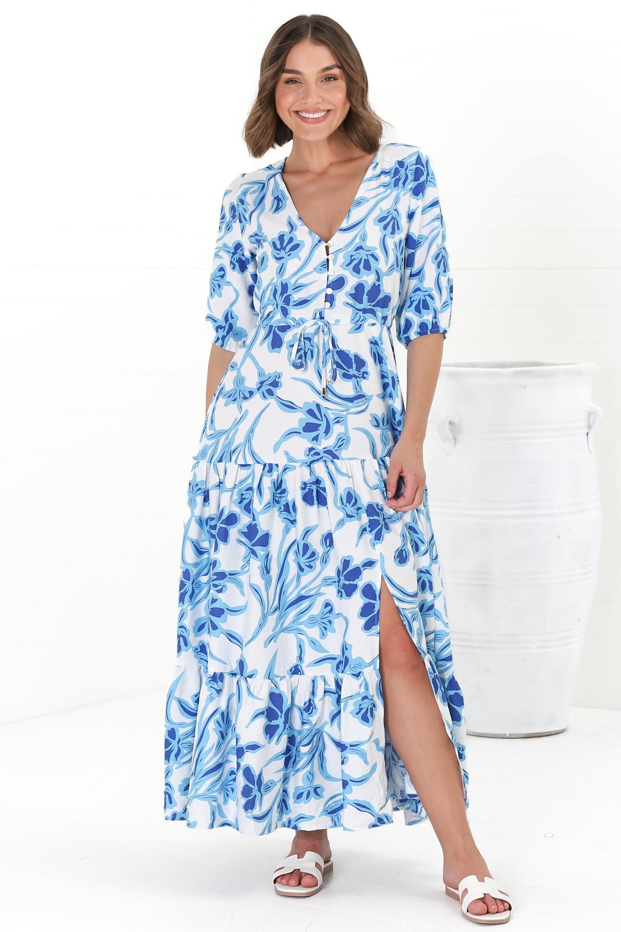 Rachel Maxi Dress - V-Neck 3/4 Sleeve Pull Tie Waist Tiered Dress in Braley Print Blue