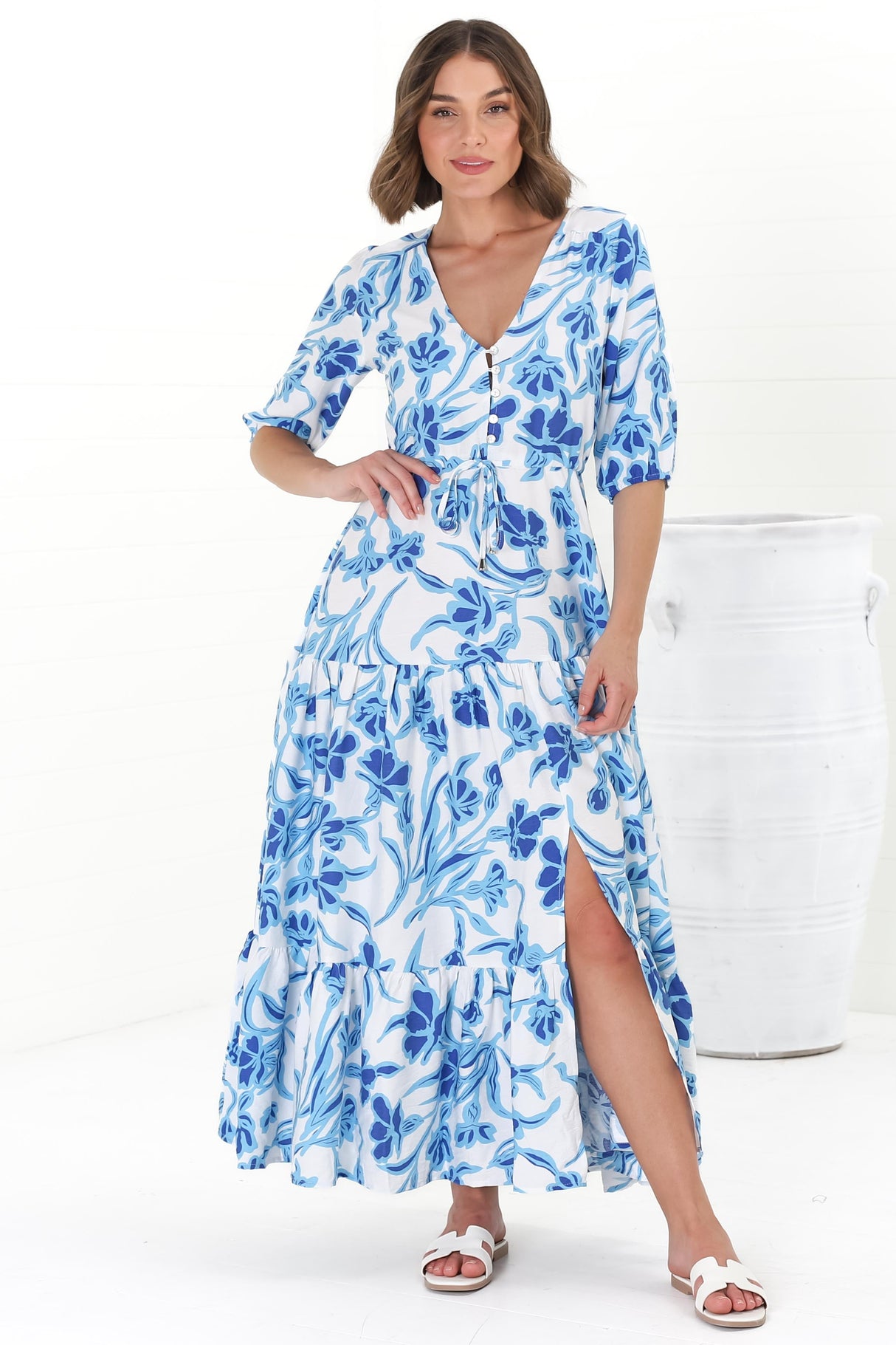 Rachel Maxi Dress - V-Neck 3/4 Sleeve Pull Tie Waist Tiered Dress in Braley Print Blue