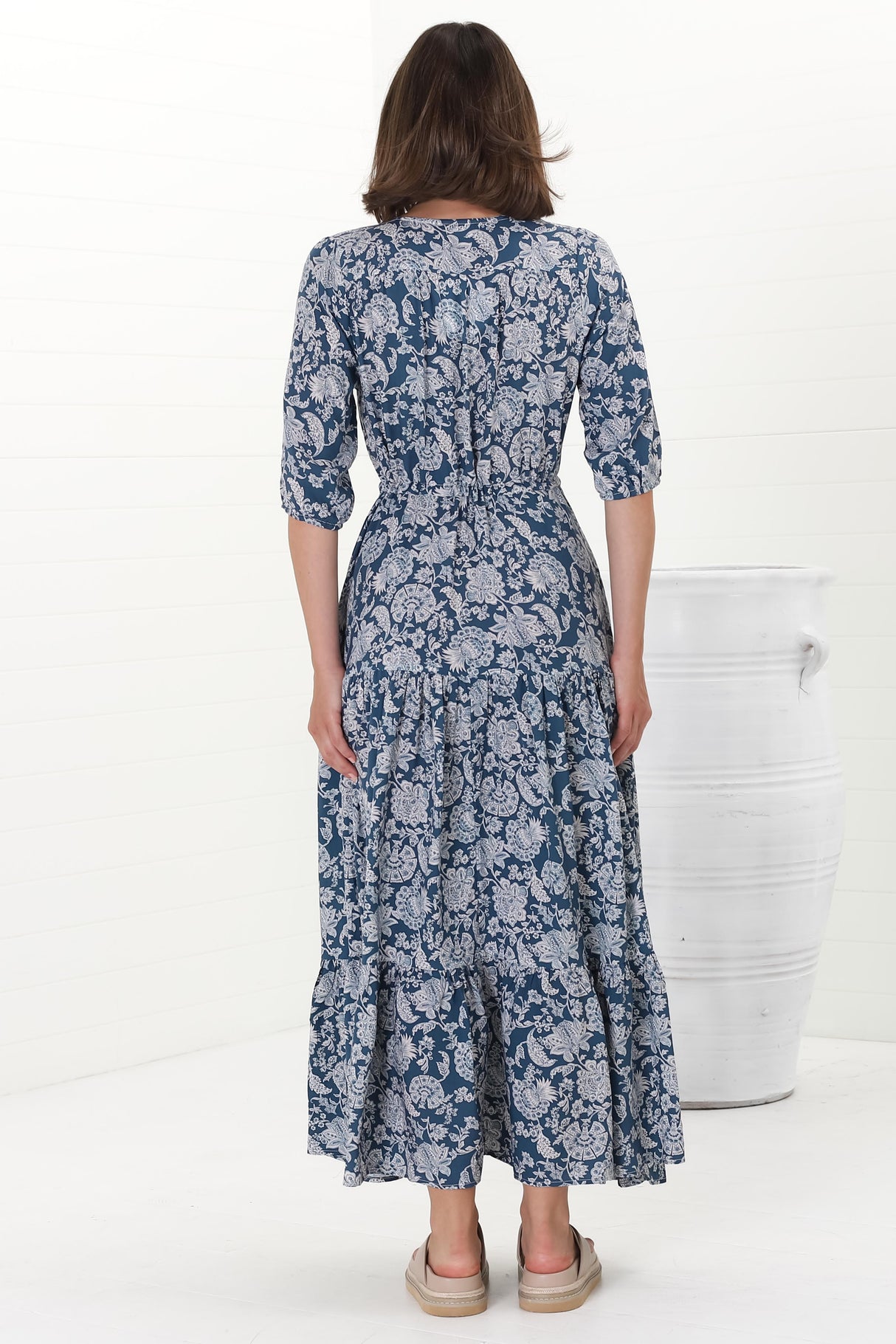 Rachel Maxi Dress - V-Neck 3/4 Sleeve Pull Tie Waist Tiered Dress in Brulette Print Blue