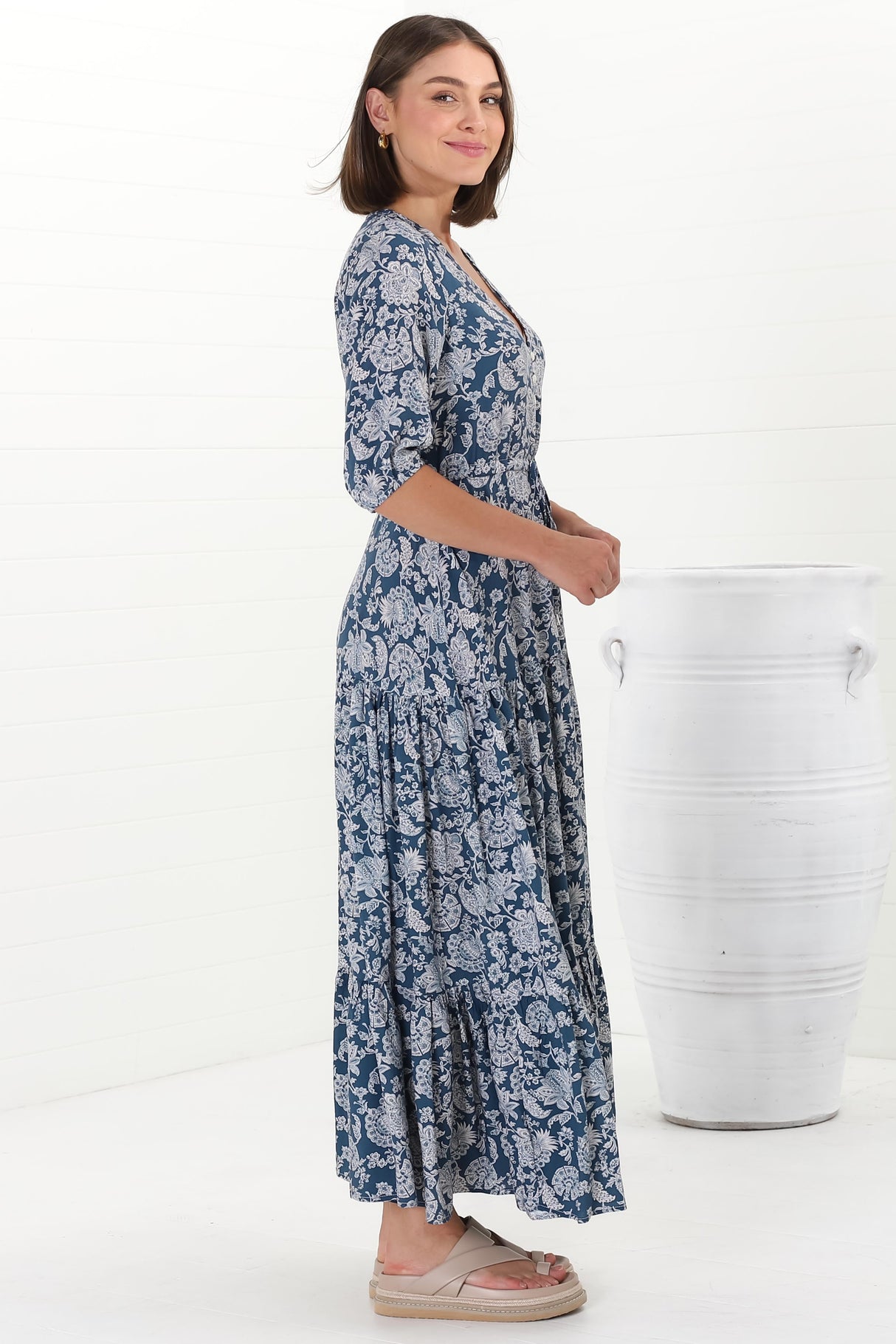 Rachel Maxi Dress - V-Neck 3/4 Sleeve Pull Tie Waist Tiered Dress in Brulette Print Blue