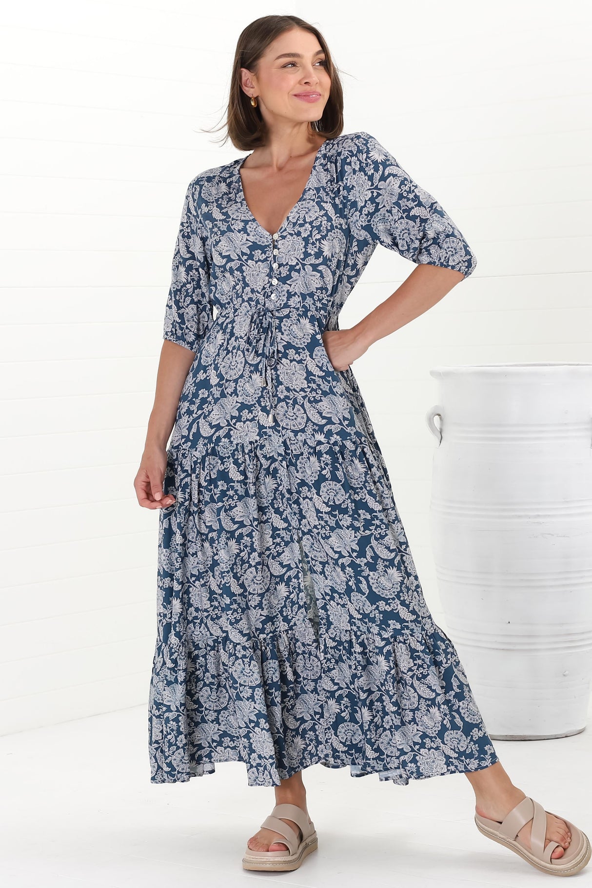 Rachel Maxi Dress - V-Neck 3/4 Sleeve Pull Tie Waist Tiered Dress in Brulette Print Blue