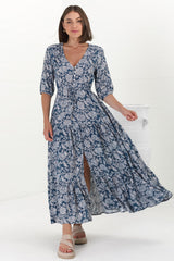 Rachel Maxi Dress - V-Neck 3/4 Sleeve Pull Tie Waist Tiered Dress in Brulette Print Blue