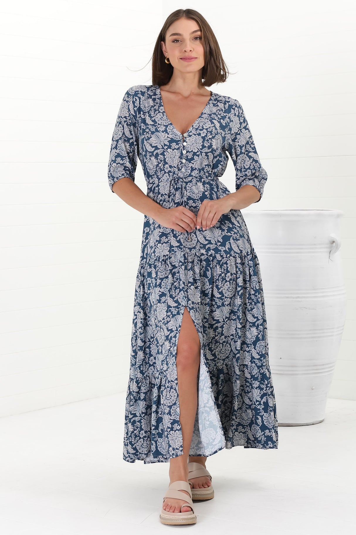 Rachel Maxi Dress - V-Neck 3/4 Sleeve Pull Tie Waist Tiered Dress in Brulette Print Blue