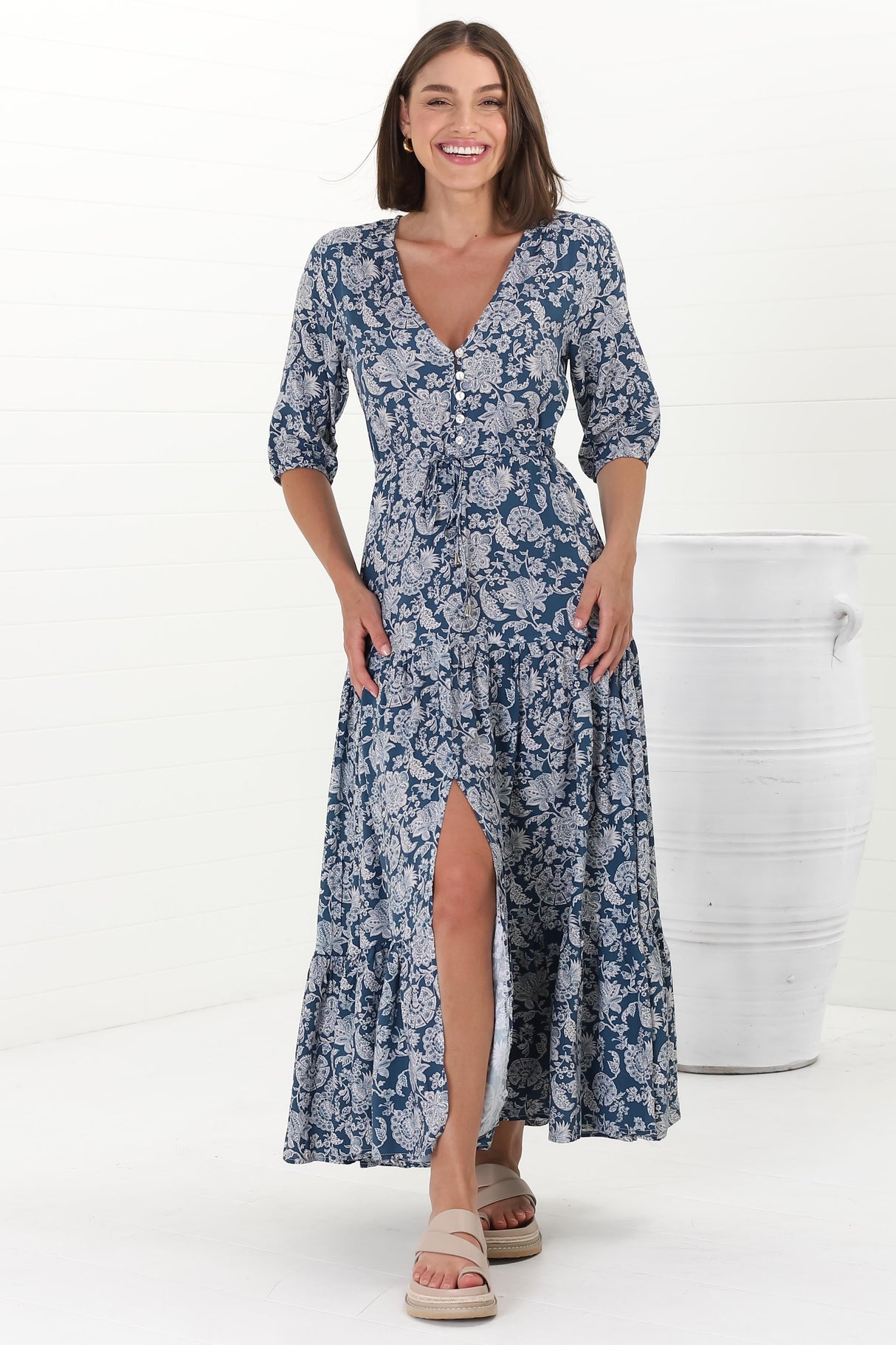 Rachel Maxi Dress - V-Neck 3/4 Sleeve Pull Tie Waist Tiered Dress in Brulette Print Blue