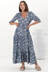 Rachel Maxi Dress - V-Neck 3/4 Sleeve Pull Tie Waist Tiered Dress in Brulette Print Blue