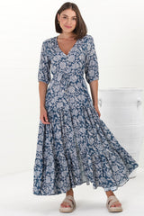 Rachel Maxi Dress - V-Neck 3/4 Sleeve Pull Tie Waist Tiered Dress in Brulette Print Blue