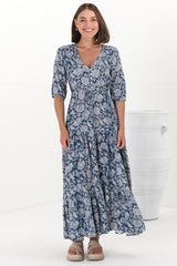 Rachel Maxi Dress - V-Neck 3/4 Sleeve Pull Tie Waist Tiered Dress in Brulette Print Blue