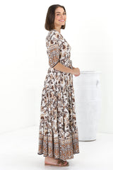 Rachel Maxi Dress - V-Neck 3/4 Sleeve Pull Tie Waist Tiered Dress in Djonga Print Beige