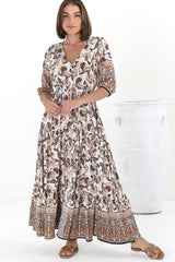 Rachel Maxi Dress - V-Neck 3/4 Sleeve Pull Tie Waist Tiered Dress in Djonga Print Beige