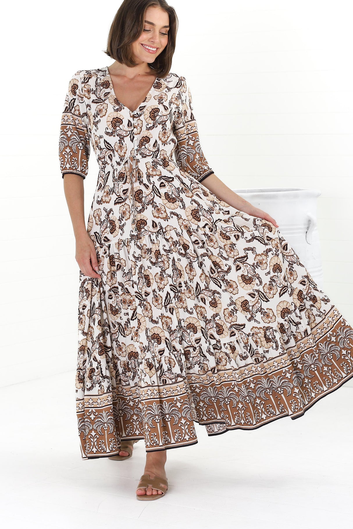 Rachel Maxi Dress - V-Neck 3/4 Sleeve Pull Tie Waist Tiered Dress in Djonga Print Beige