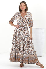 Rachel Maxi Dress - V-Neck 3/4 Sleeve Pull Tie Waist Tiered Dress in Djonga Print Beige