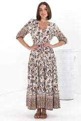 Rachel Maxi Dress - V-Neck 3/4 Sleeve Pull Tie Waist Tiered Dress in Djonga Print Beige