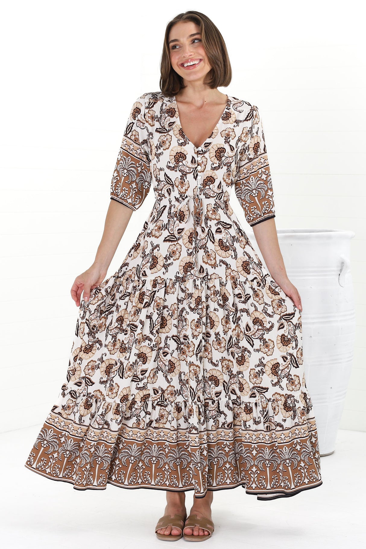 Rachel Maxi Dress - V-Neck 3/4 Sleeve Pull Tie Waist Tiered Dress in Djonga Print Beige