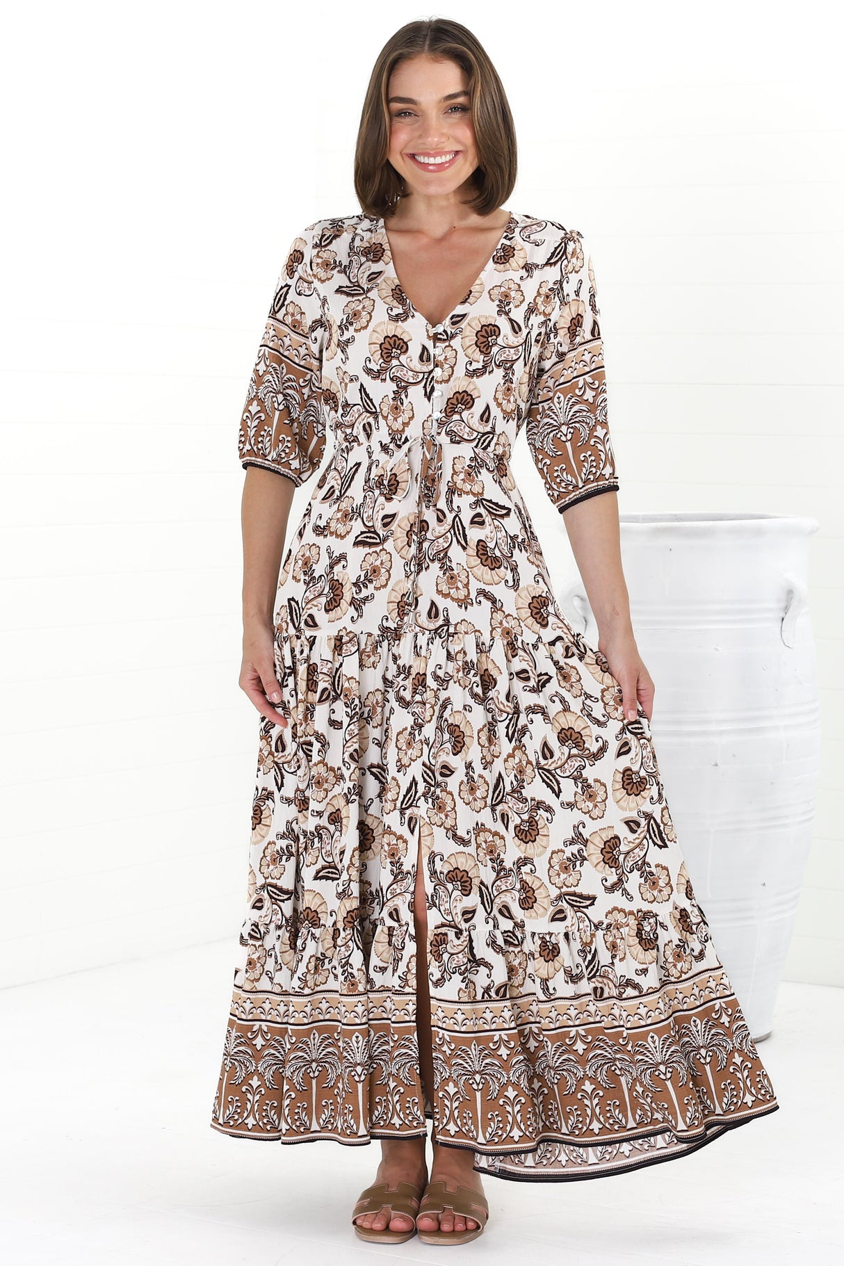 Rachel Maxi Dress - V-Neck 3/4 Sleeve Pull Tie Waist Tiered Dress in Djonga Print Beige