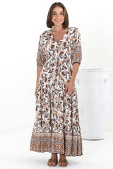 Rachel Maxi Dress - V-Neck 3/4 Sleeve Pull Tie Waist Tiered Dress in Djonga Print Beige