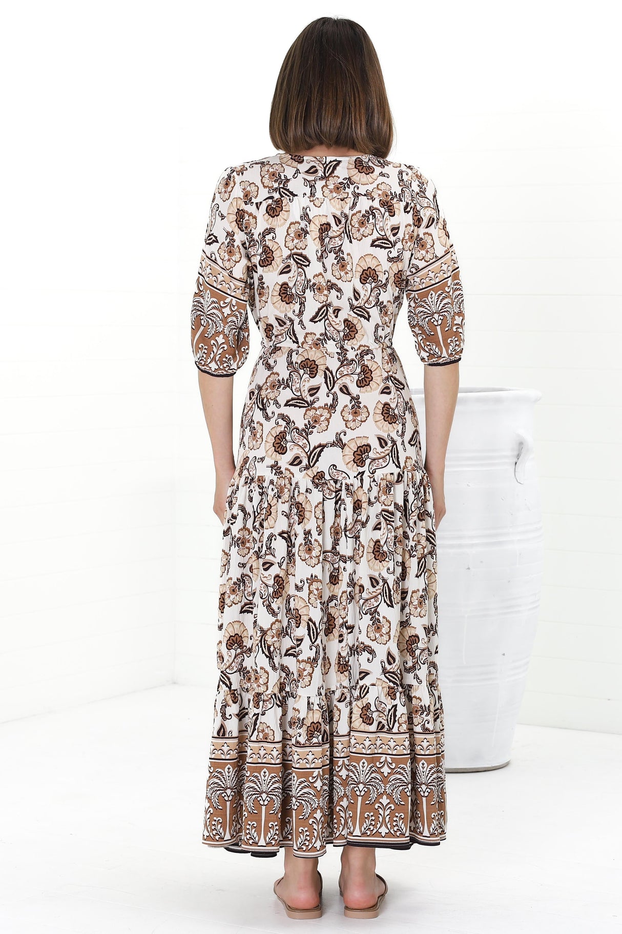 Rachel Maxi Dress - V-Neck 3/4 Sleeve Pull Tie Waist Tiered Dress in Djonga Print Beige