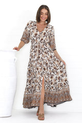 Rachel Maxi Dress - V-Neck 3/4 Sleeve Pull Tie Waist Tiered Dress in Djonga Print Beige