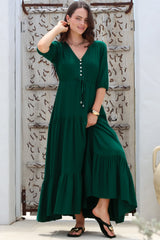 Rachel Maxi Dress - V-Neck 3/4 Sleeve Pull Tie Waist Tiered Dress in Emerald