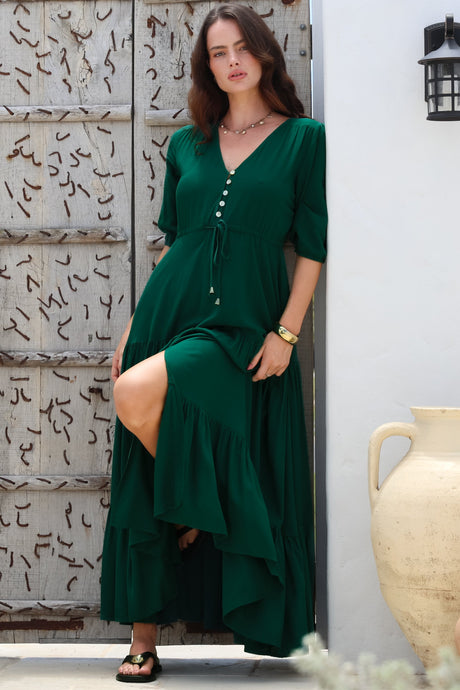 Rachel Maxi Dress - V-Neck 3/4 Sleeve Pull Tie Waist Tiered Dress in Emerald