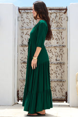 Rachel Maxi Dress - V-Neck 3/4 Sleeve Pull Tie Waist Tiered Dress in Emerald