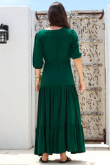 Rachel Maxi Dress - V-Neck 3/4 Sleeve Pull Tie Waist Tiered Dress in Emerald
