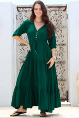 Rachel Maxi Dress - V-Neck 3/4 Sleeve Pull Tie Waist Tiered Dress in Emerald