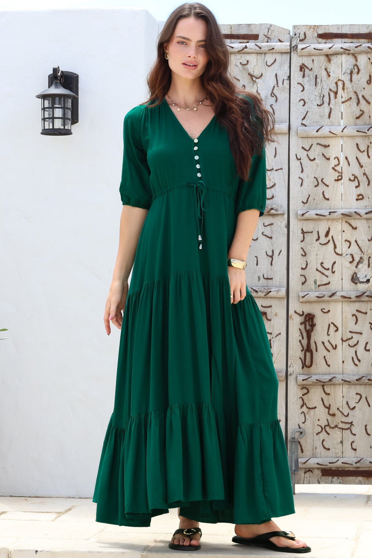 Rachel Maxi Dress - V-Neck 3/4 Sleeve Pull Tie Waist Tiered Dress in Emerald