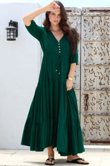 Rachel Maxi Dress - V-Neck 3/4 Sleeve Pull Tie Waist Tiered Dress in Emerald