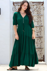 Rachel Maxi Dress - V-Neck 3/4 Sleeve Pull Tie Waist Tiered Dress in Emerald