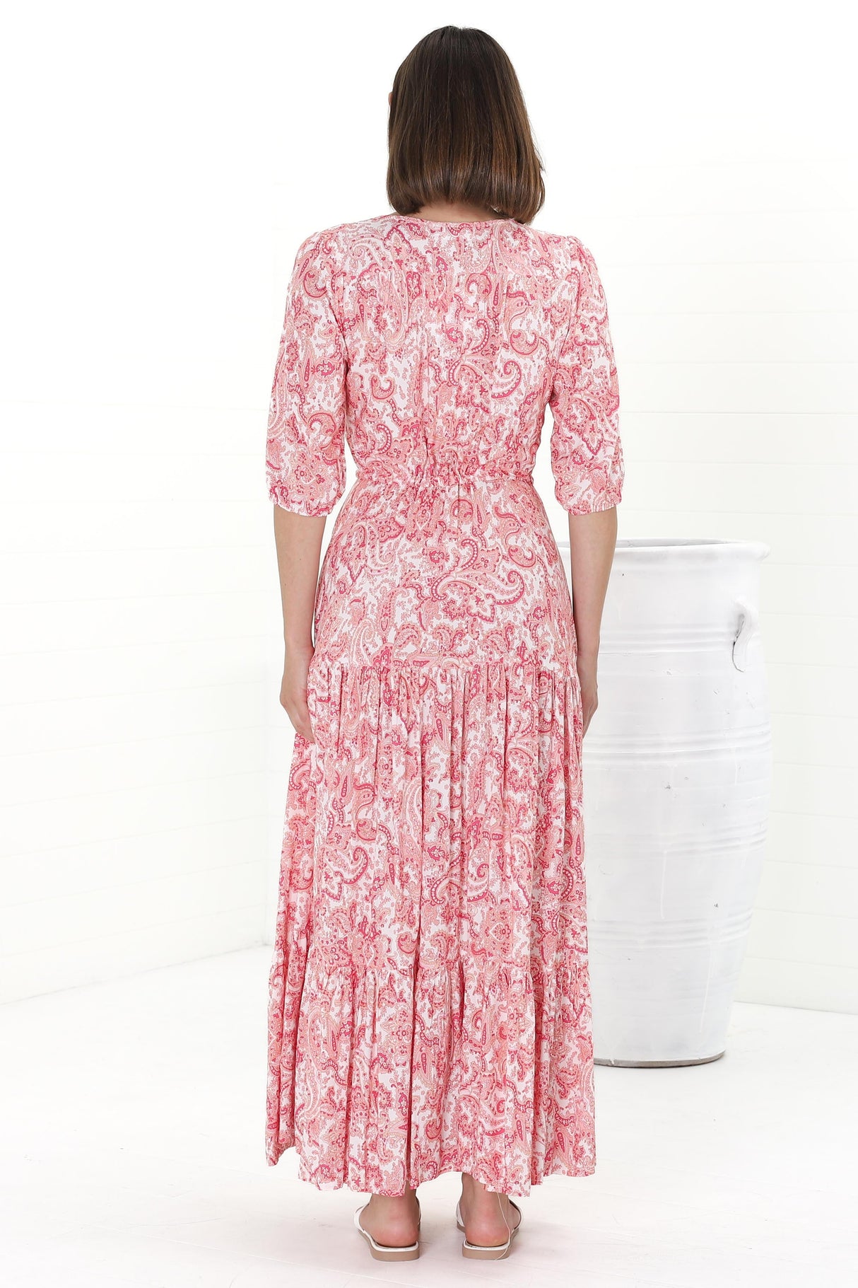 Rachel Maxi Dress - V-Neck 3/4 Sleeve Pull Tie Waist Tiered Dress in Henrietta Print Pink