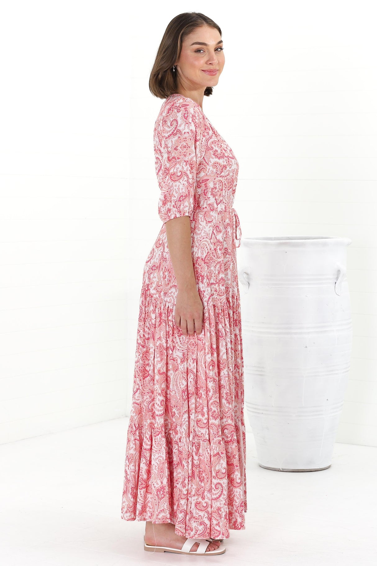 Rachel Maxi Dress - V-Neck 3/4 Sleeve Pull Tie Waist Tiered Dress in Henrietta Print Pink