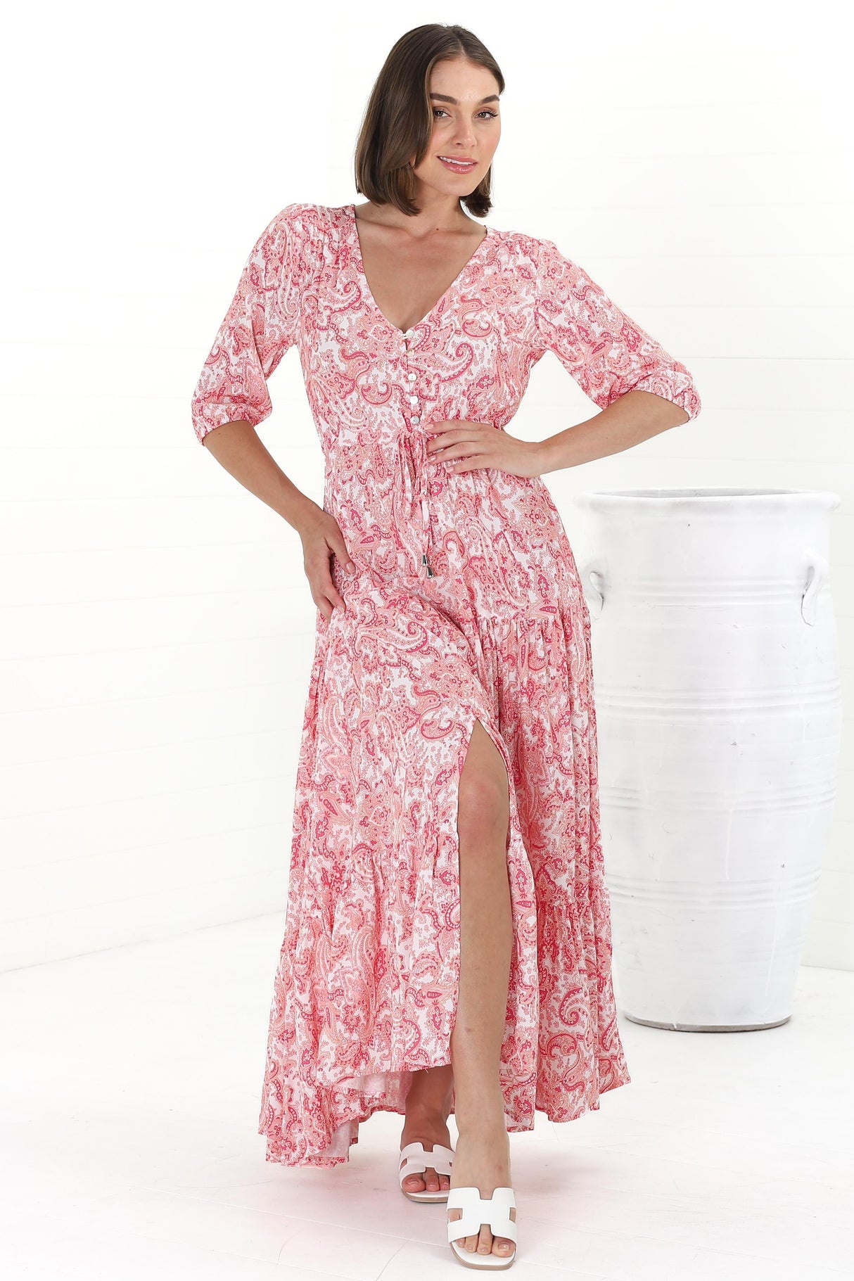 Rachel Maxi Dress - V-Neck 3/4 Sleeve Pull Tie Waist Tiered Dress in Henrietta Print Pink