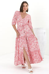 Rachel Maxi Dress - V-Neck 3/4 Sleeve Pull Tie Waist Tiered Dress in Henrietta Print Pink