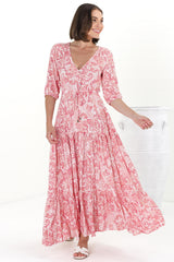 Rachel Maxi Dress - V-Neck 3/4 Sleeve Pull Tie Waist Tiered Dress in Henrietta Print Pink