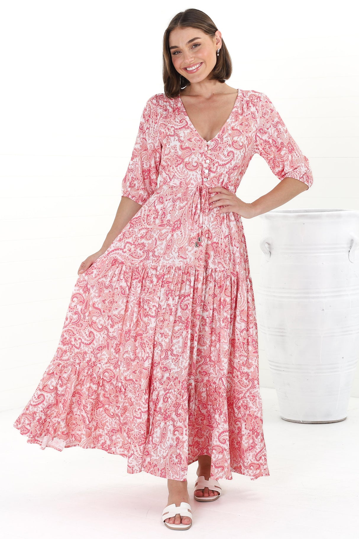 Rachel Maxi Dress - V-Neck 3/4 Sleeve Pull Tie Waist Tiered Dress in Henrietta Print Pink