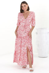 Rachel Maxi Dress - V-Neck 3/4 Sleeve Pull Tie Waist Tiered Dress in Henrietta Print Pink