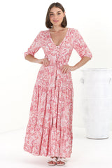 Rachel Maxi Dress - V-Neck 3/4 Sleeve Pull Tie Waist Tiered Dress in Henrietta Print Pink