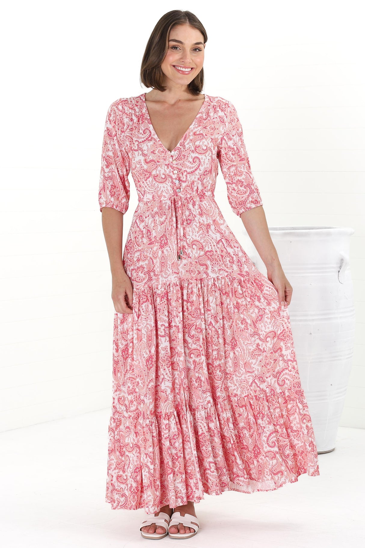 Rachel Maxi Dress - V-Neck 3/4 Sleeve Pull Tie Waist Tiered Dress in Henrietta Print Pink