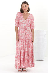 Rachel Maxi Dress - V-Neck 3/4 Sleeve Pull Tie Waist Tiered Dress in Henrietta Print Pink