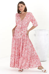 Rachel Maxi Dress - V-Neck 3/4 Sleeve Pull Tie Waist Tiered Dress in Henrietta Print Pink