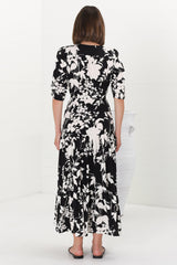 Rachel Maxi Dress - V-Neck 3/4 Sleeve Pull Tie Waist Tiered Dress in Kacia Print Black