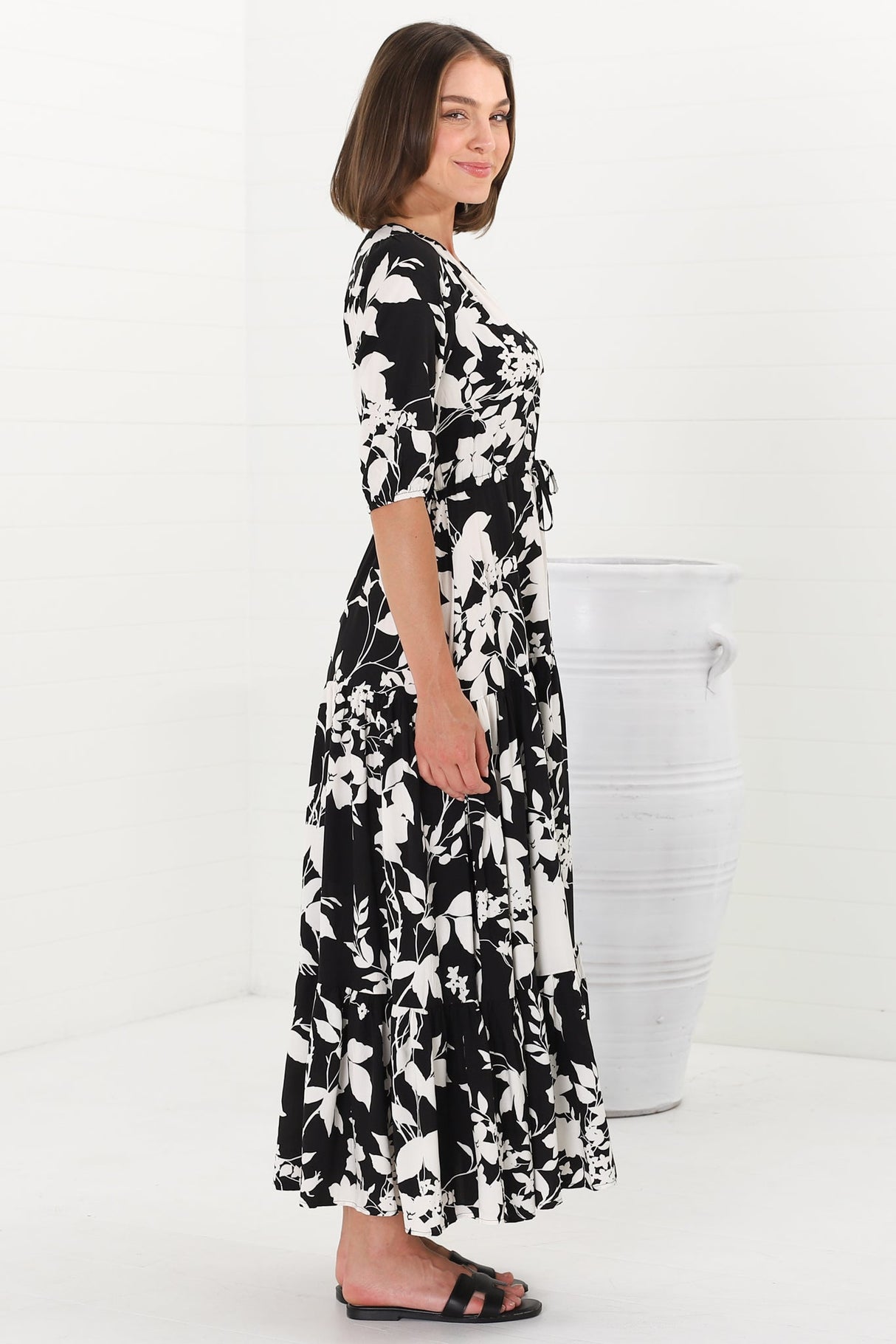 Rachel Maxi Dress - V-Neck 3/4 Sleeve Pull Tie Waist Tiered Dress in Kacia Print Black